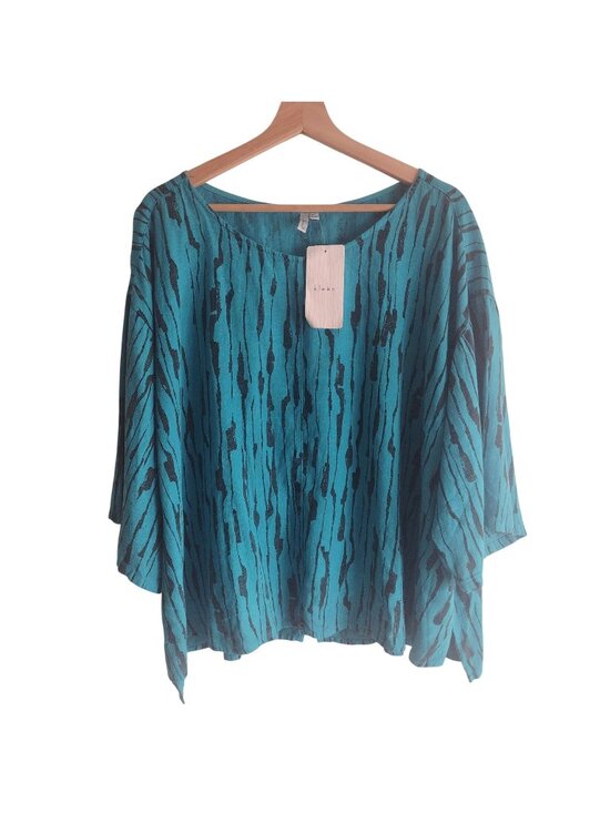 Kleen Tops - Kleen Linen Blend Blouse 2X NEW Marine Teal Blue Striped Relaxed Fit Top